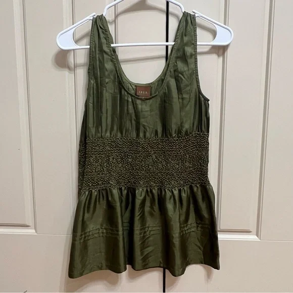 IPSA Anthropologie 100% Silk Olive Green Satin Beaded Peplum Blouse Size Medium - Picture 9 of 9